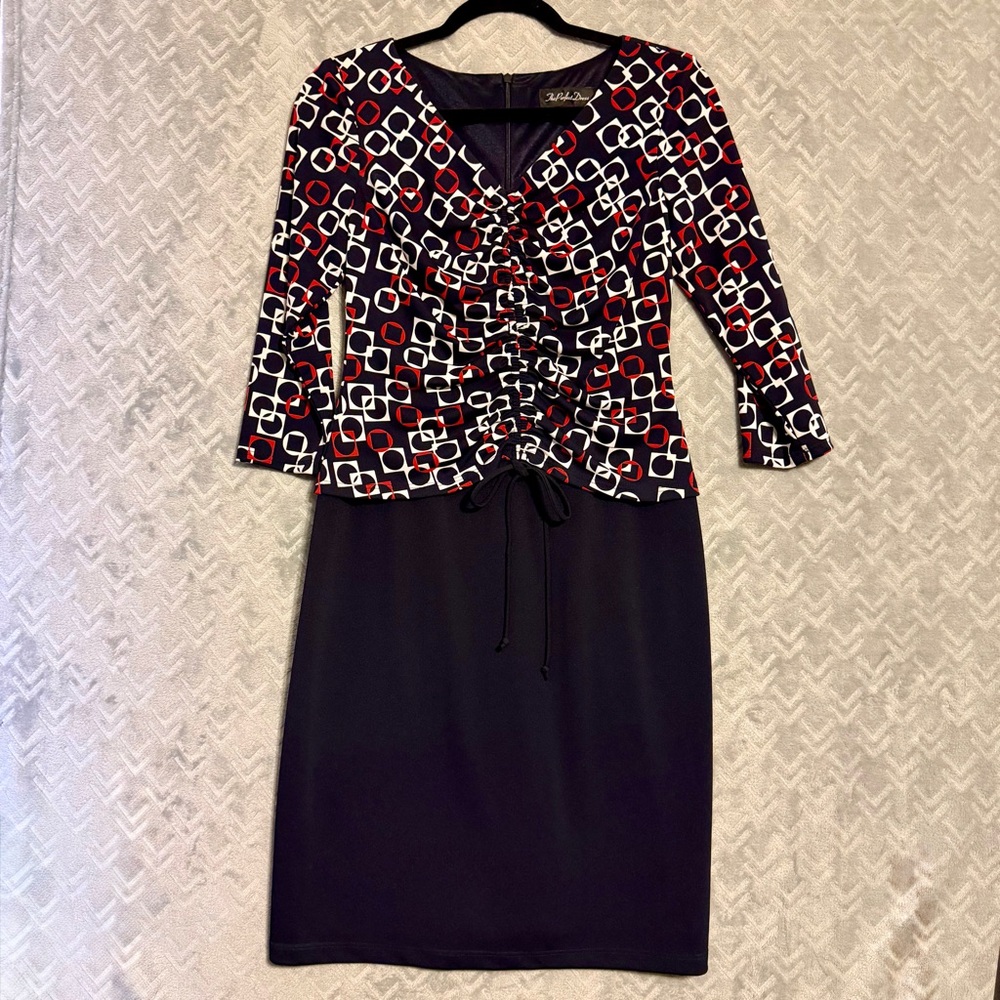 The Perfect Dress Size 4 Navy Geometric Print Career Sheath Midi Dress